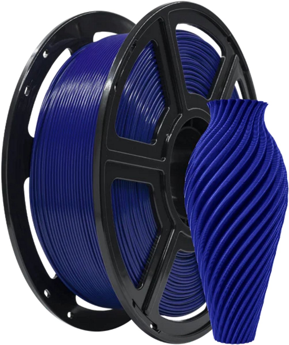 Blauw FlashForge Basic PETG-filament op spoel, naast een gedraaide blauwe vaasprint