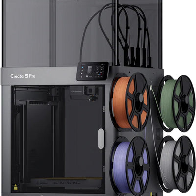 FlashForge Creator 5 Pro 3D-printer met gesloten behuizing, hoge kap en vier filamentspoelen