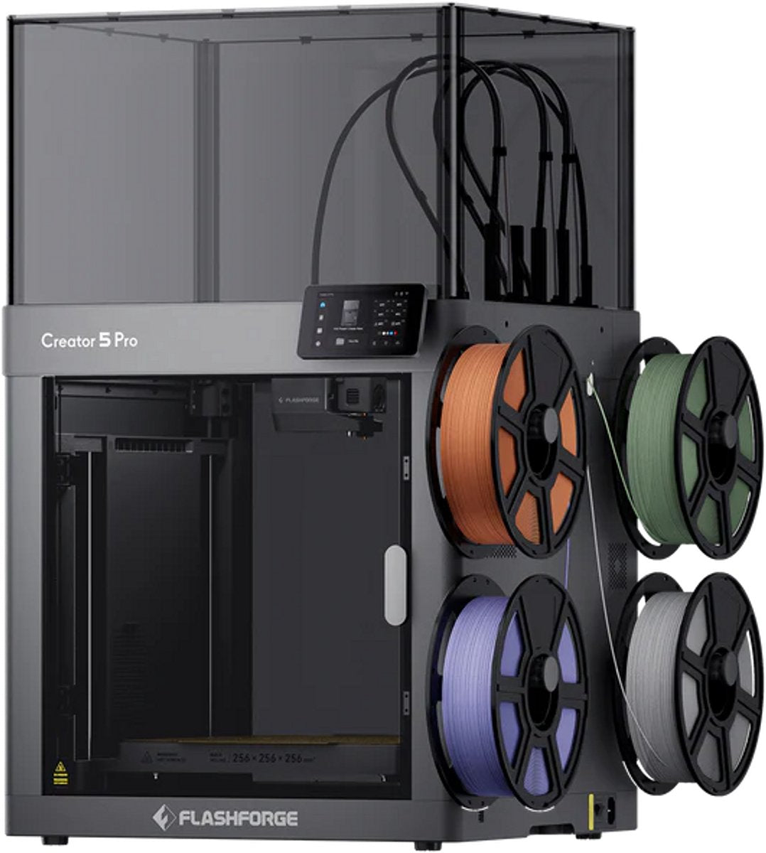 FlashForge Creator 5 Pro 3D-printer met gesloten behuizing, hoge kap en vier filamentspoelen