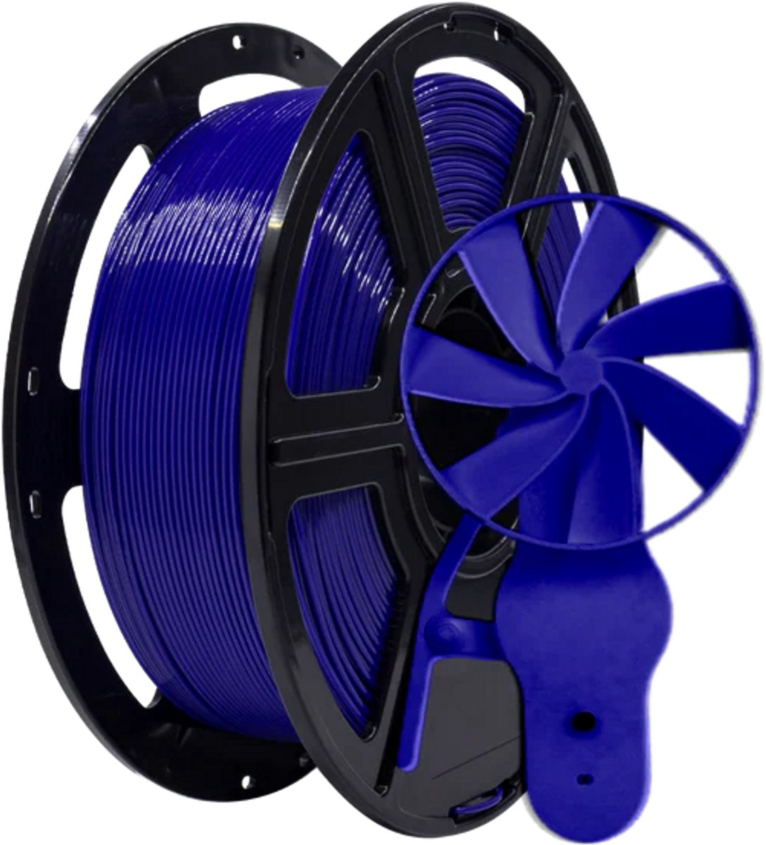 FlashForge Basic PETG-filament blauw op spoel, naast een blauwe 3D-geprinte handventilator
