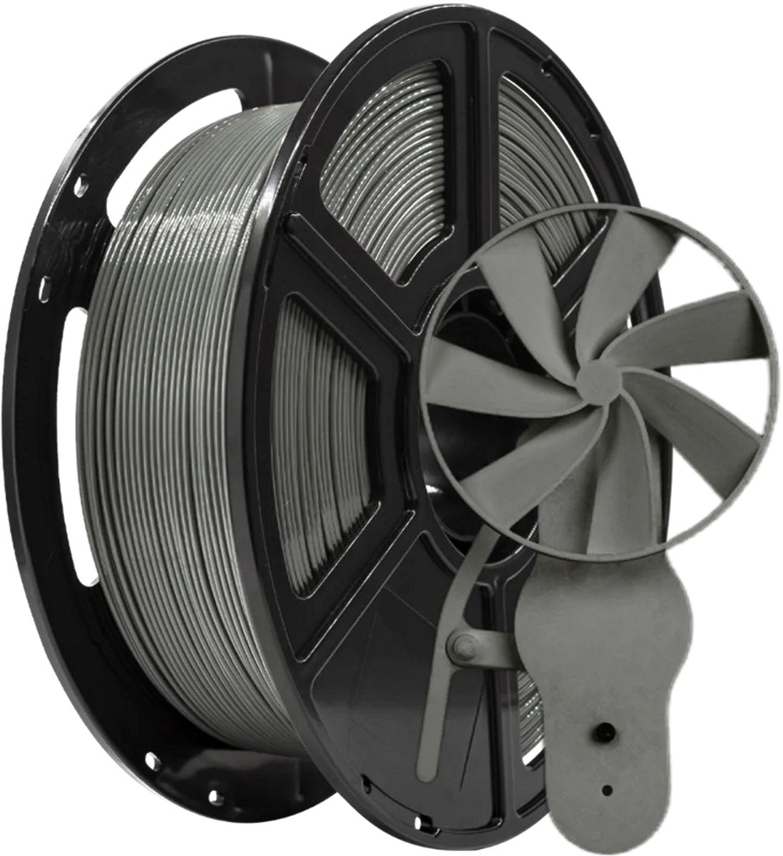 FlashForge PETG-filament grijs op spoel, naast een grijze 3D-geprinte handventilator