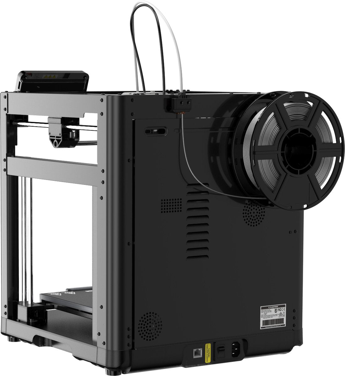 Achteraanzicht van de FlashForge Adventurer 5M met filamentspoel en stroomaansluiting