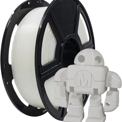 FlashForge Basic PETG-filament wit op spoel, naast een witte 3D-geprinte robotfiguur