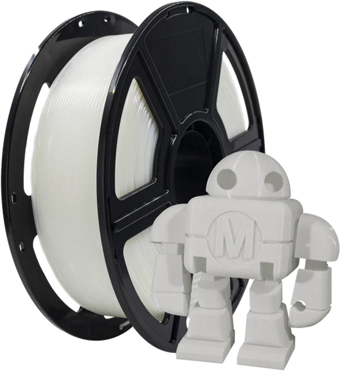 FlashForge High Speed PETG-filament naturel op spoel, naast een 3D-geprinte robotfiguur