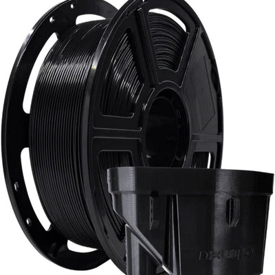 FlashForge Basic PETG-filament zwart op spoel, naast een zwarte 3D-geprinte opbergbak