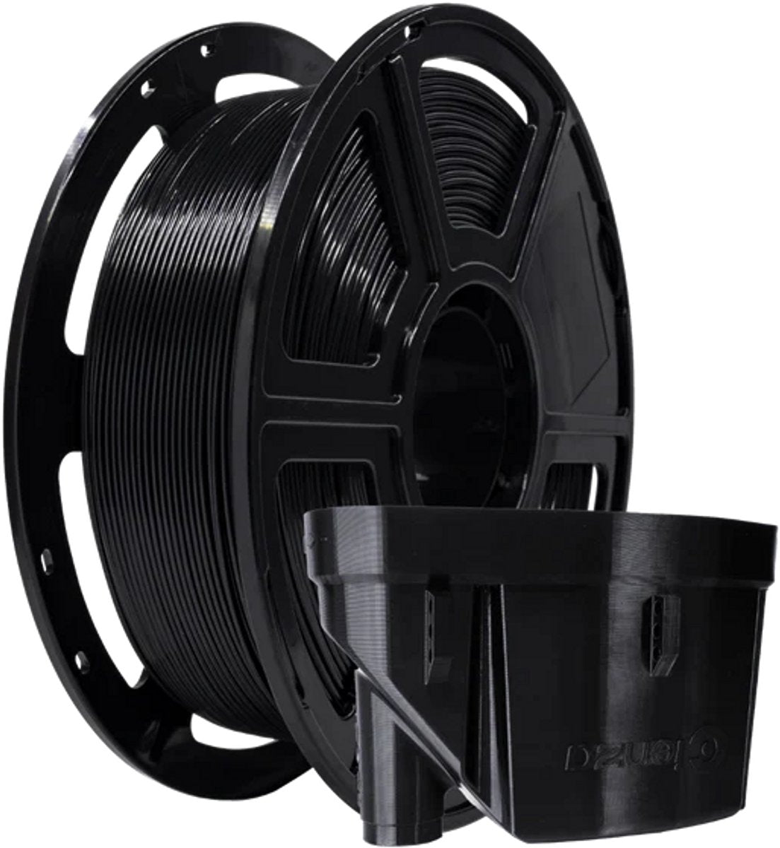 FlashForge Basic PETG-filament zwart op spoel, naast een zwarte 3D-geprinte opbergbak