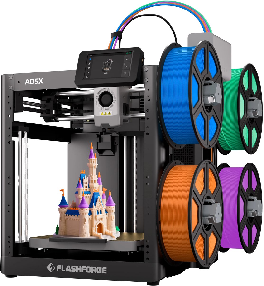 FlashForge Adventurer 5X 3D-printer met vier filamentspoelen en een multicolor kasteelprint op het printbed