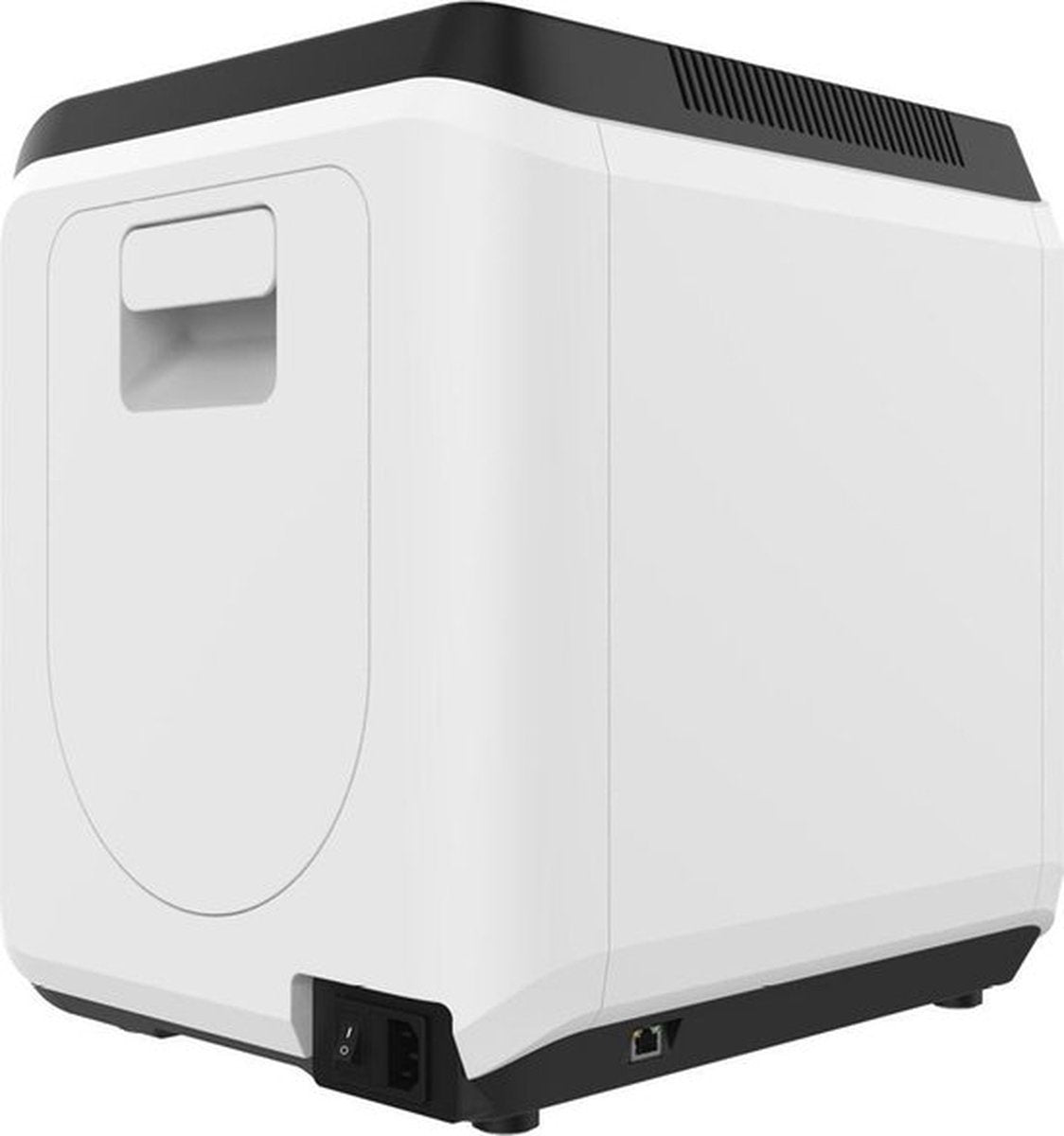 Achterzijde van de FlashForge Adventurer 3 met ventilatierooster en aansluitingen
