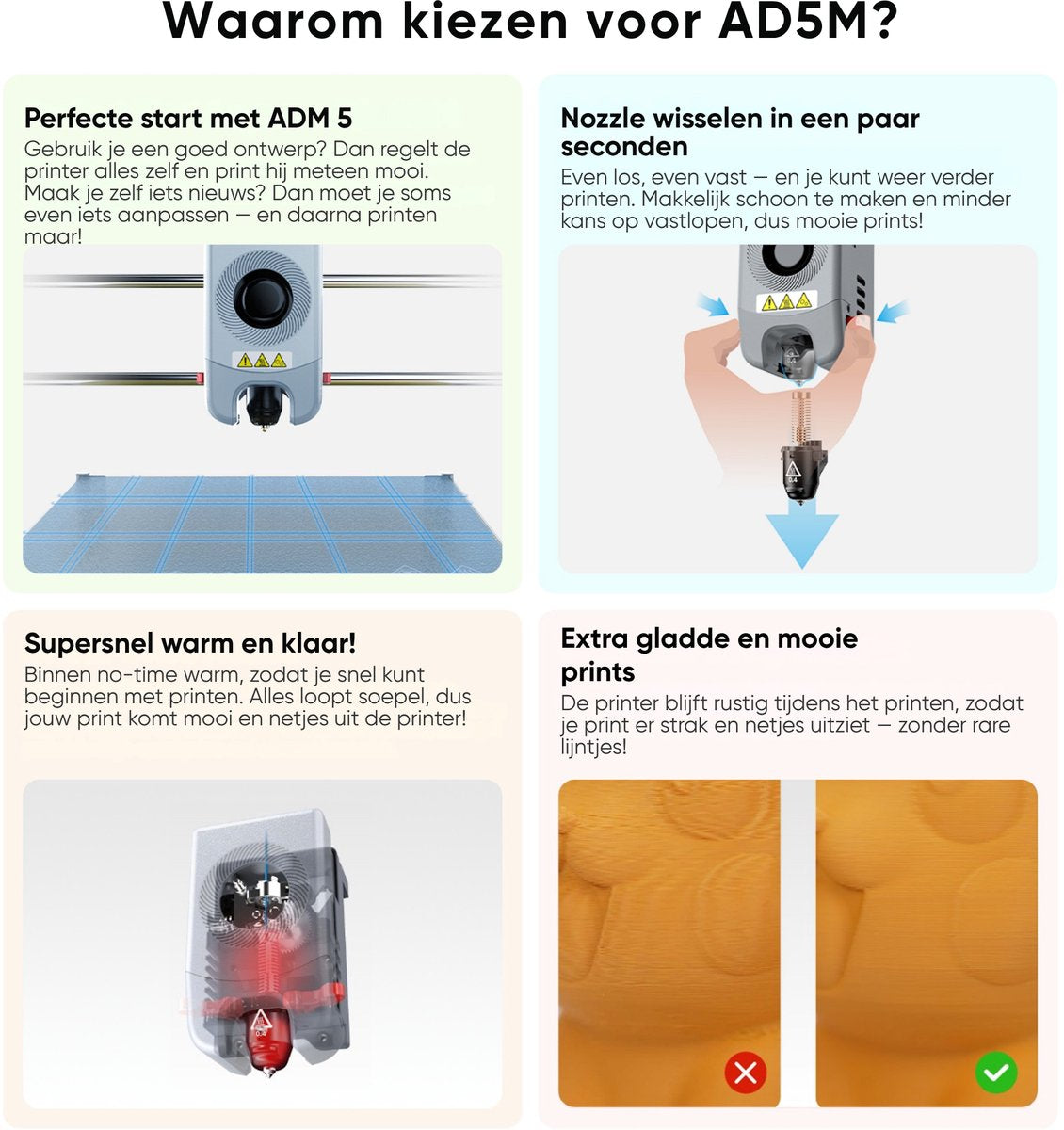 Infographic Adventurer 5M: automatische kalibratie, snelwissel-nozzle, snel opwarmen en printkwaliteit
