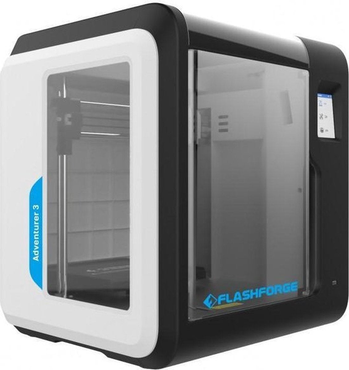 FlashForge Adventurer 3 schuin van links met transparante deur en zijpaneel
