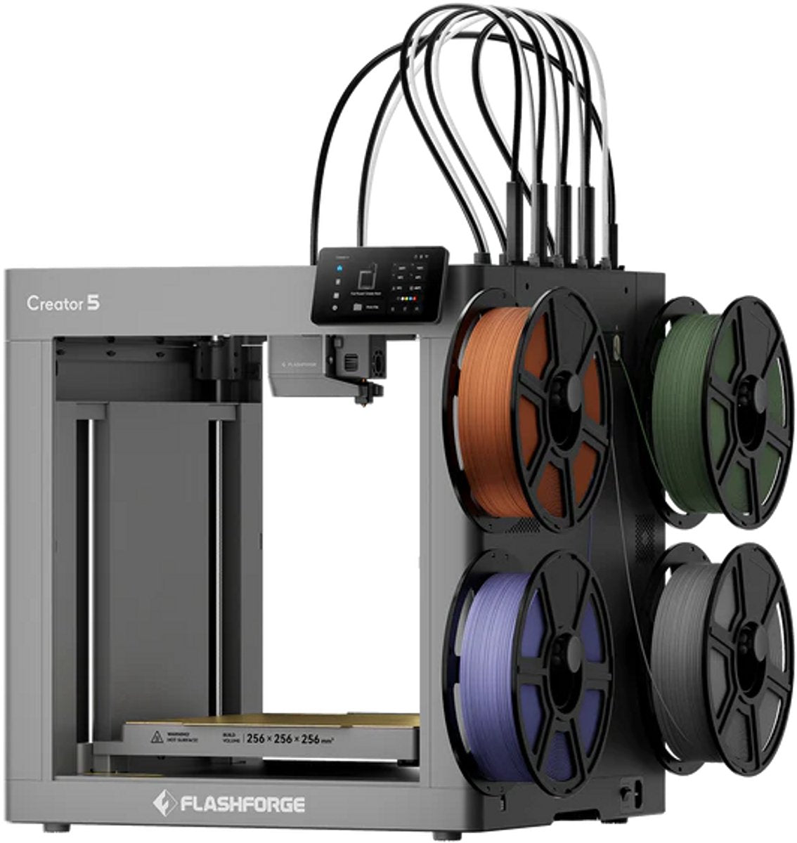 FlashForge Creator 5 multicolor 3D-printer met vier toolheads en vier filamentspoelen