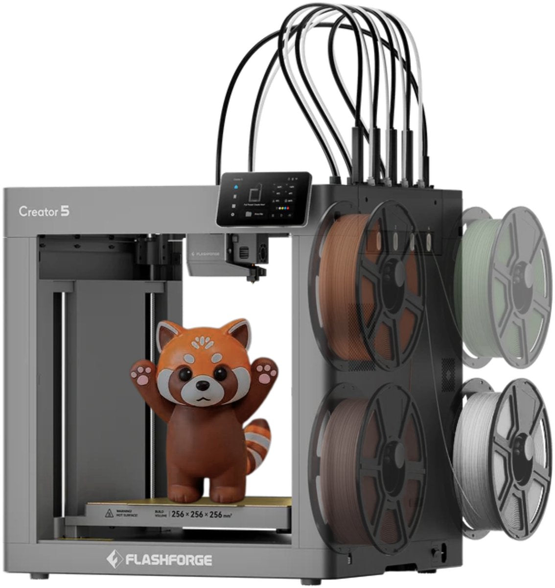 FlashForge Creator 5 met vier filamentspoelen en een 3D-geprinte rode panda op het printbed