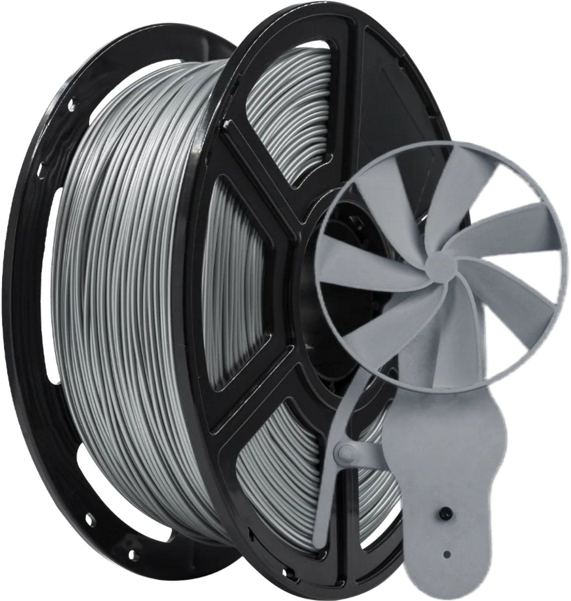 FlashForge PETG-filament zilver op spoel, naast een zilvergrijze 3D-geprinte handventilator