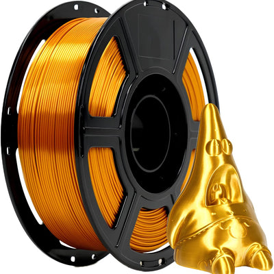 FlashForge PLA Silk filament in glanzend goud op spoel, met een gouden kabouterprint