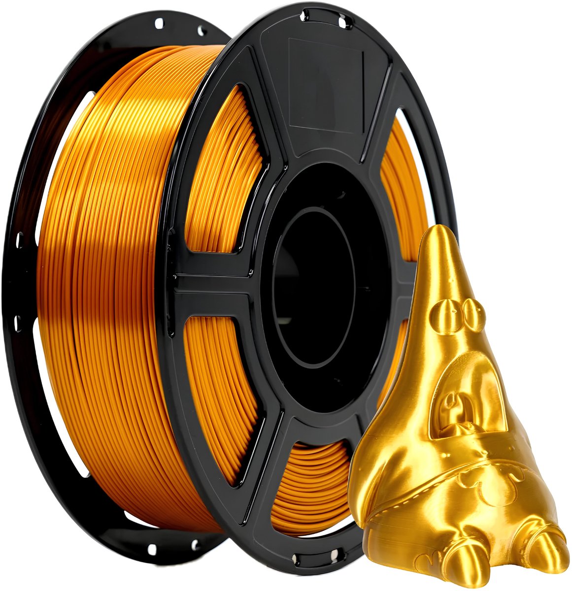FlashForge PLA Silk filament in glanzend goud op spoel, met een gouden kabouterprint