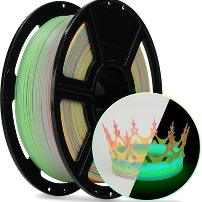 FlashForge PLA Glow in the Dark filament in pastelkleuren op spoel, met een oplichtende kroonprint