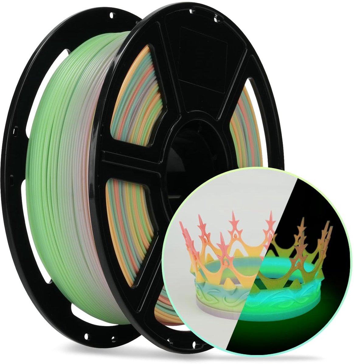 FlashForge PLA Glow in the Dark filament in pastelkleuren op spoel, met een oplichtende kroonprint
