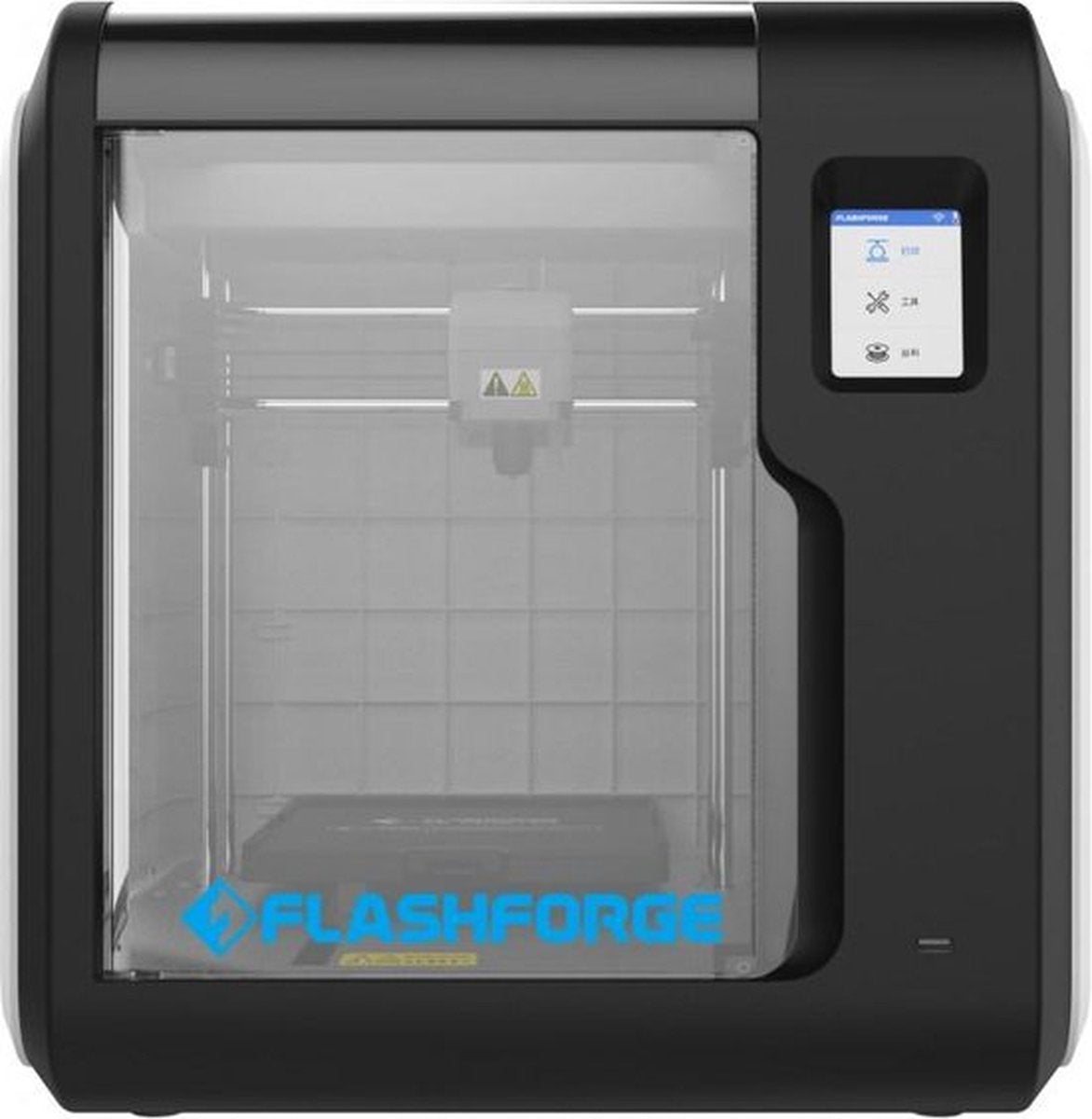 Recht vooraanzicht van de FlashForge Adventurer 3 met zicht in de bouwkamer