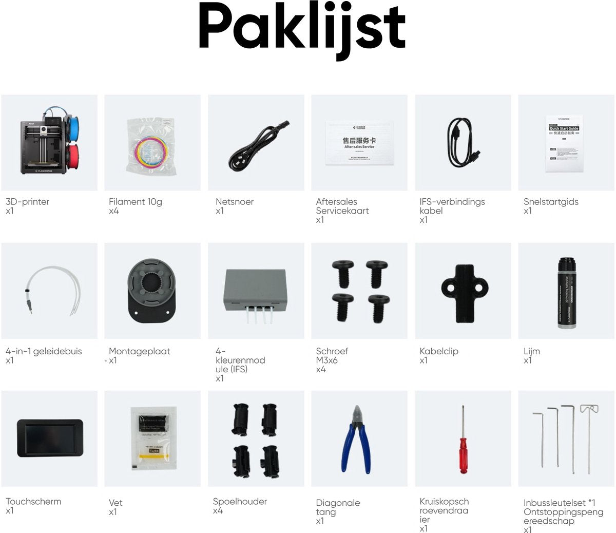 Paklijst van de FlashForge Adventurer 5X met printer, filamentsysteem, gereedschap en accessoires