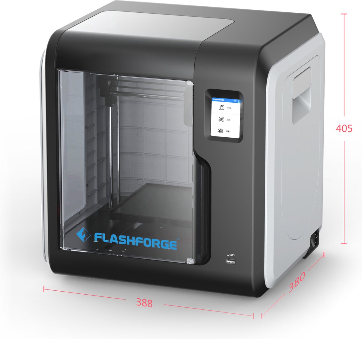 Afmetingen van de FlashForge Adventurer 3: 388 x 380 x 405 mm