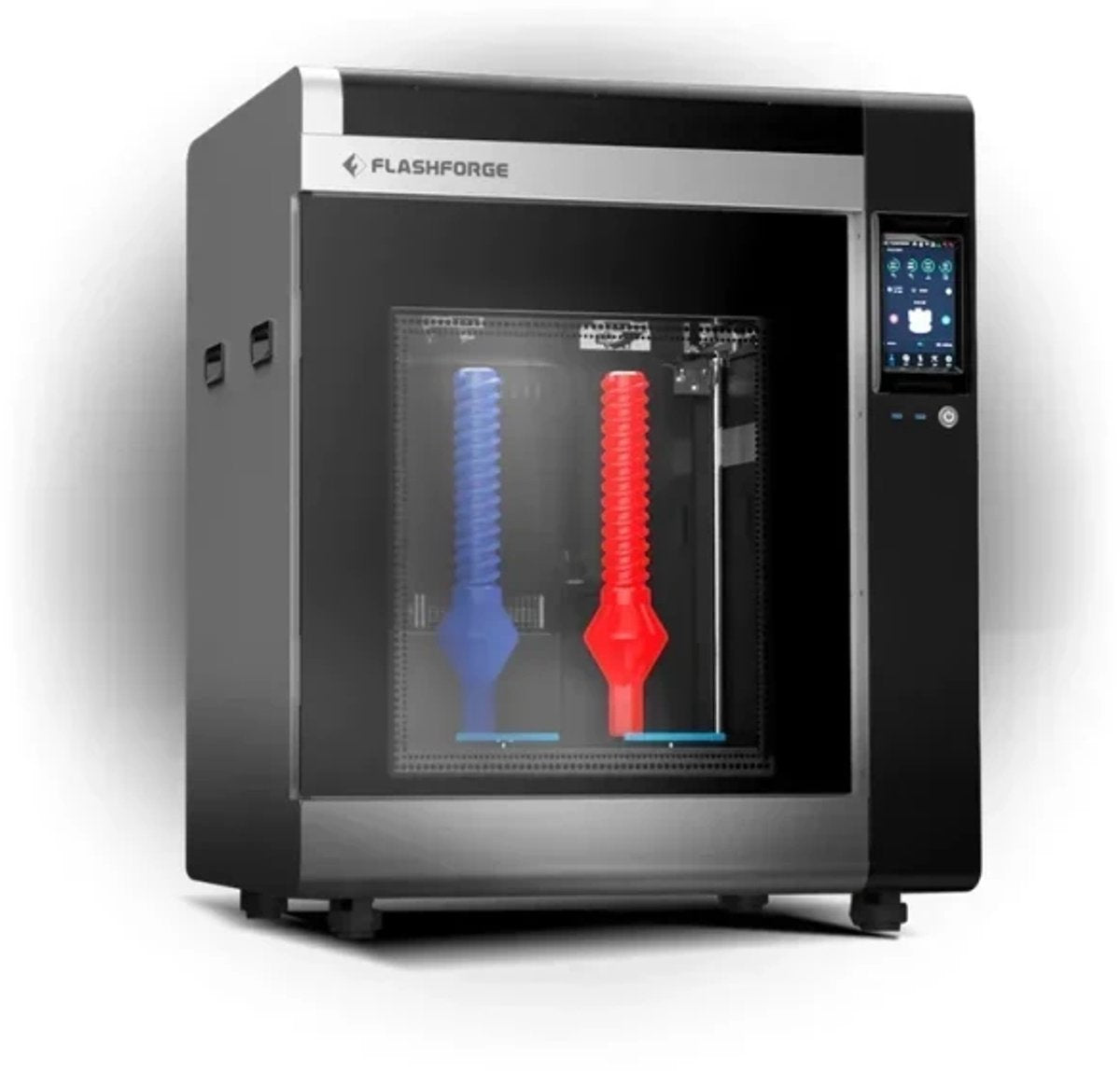 FlashForge Creator 4A met twee onderdelen in blauw en rood, geprint met dual extrusie