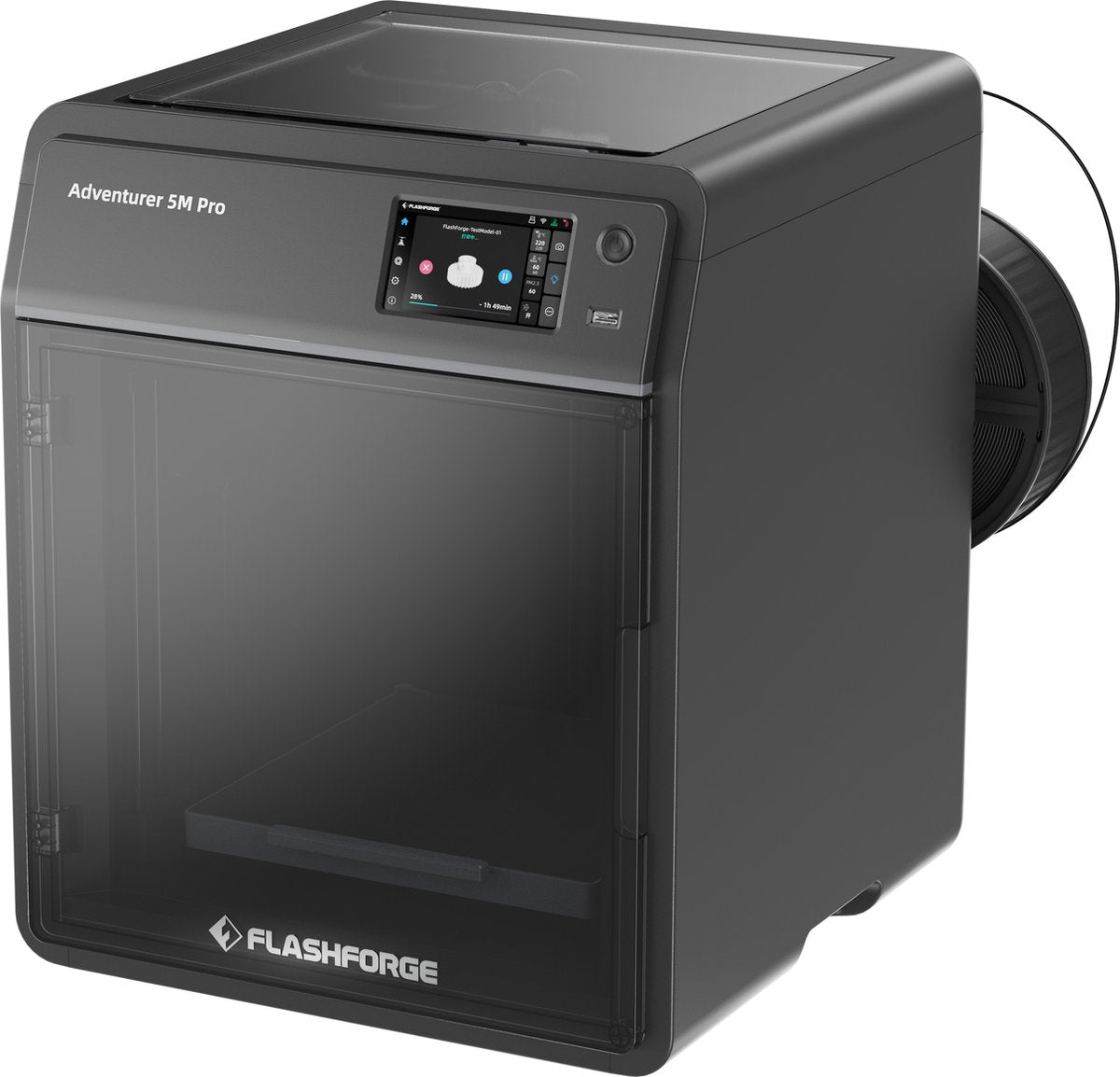 FlashForge Adventurer 5M Pro schuin van voren met getinte deur en touchscreen