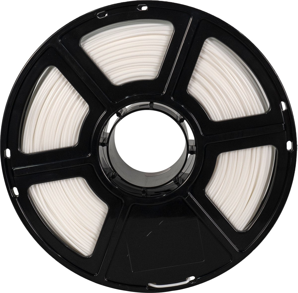Wit FlashForge PLA-filament op spoel, recht van voren met spoelnaaf