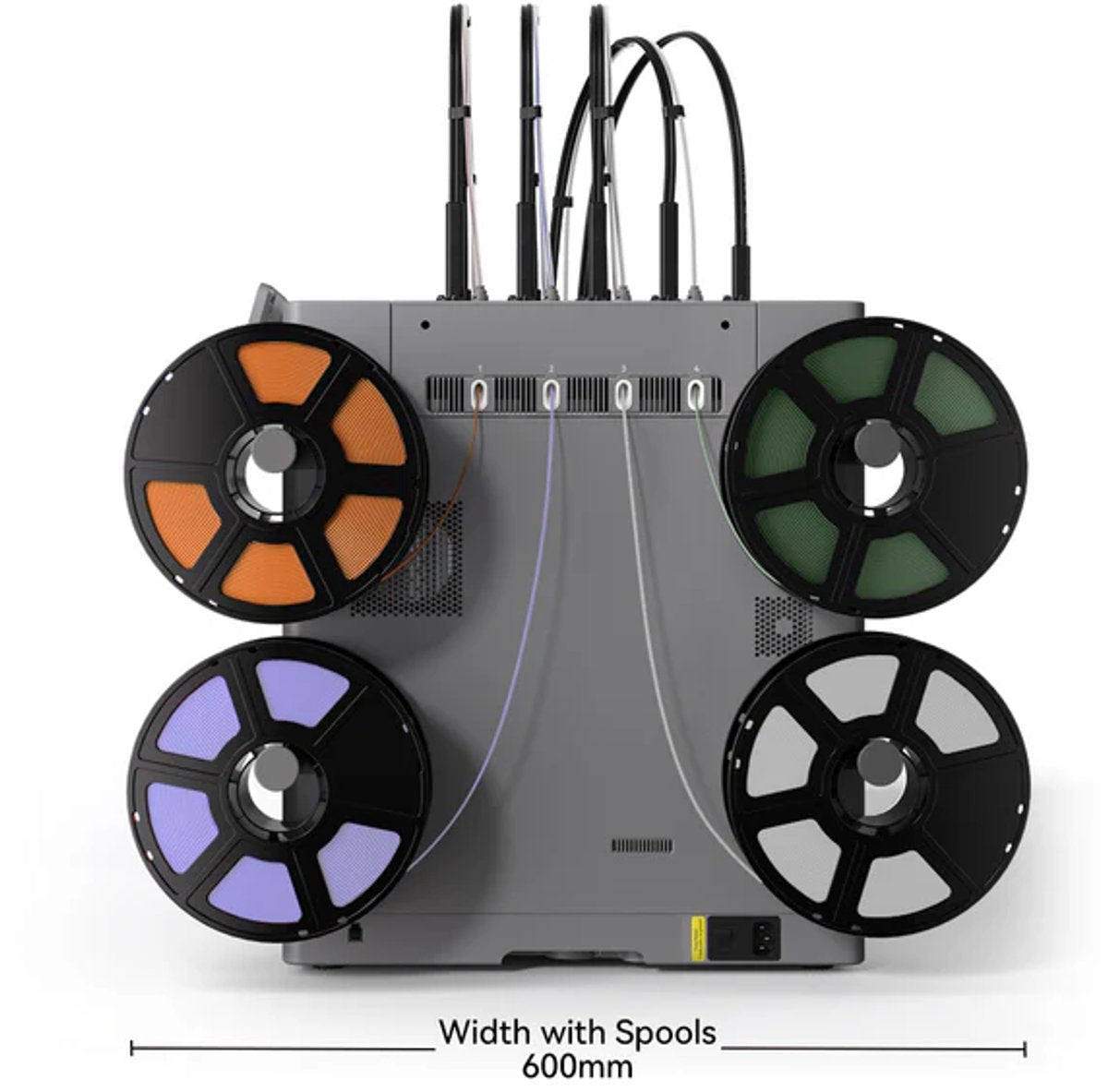 Achterzijde van de FlashForge Creator 5 met vier spoelen, 600 mm breed inclusief spoelen