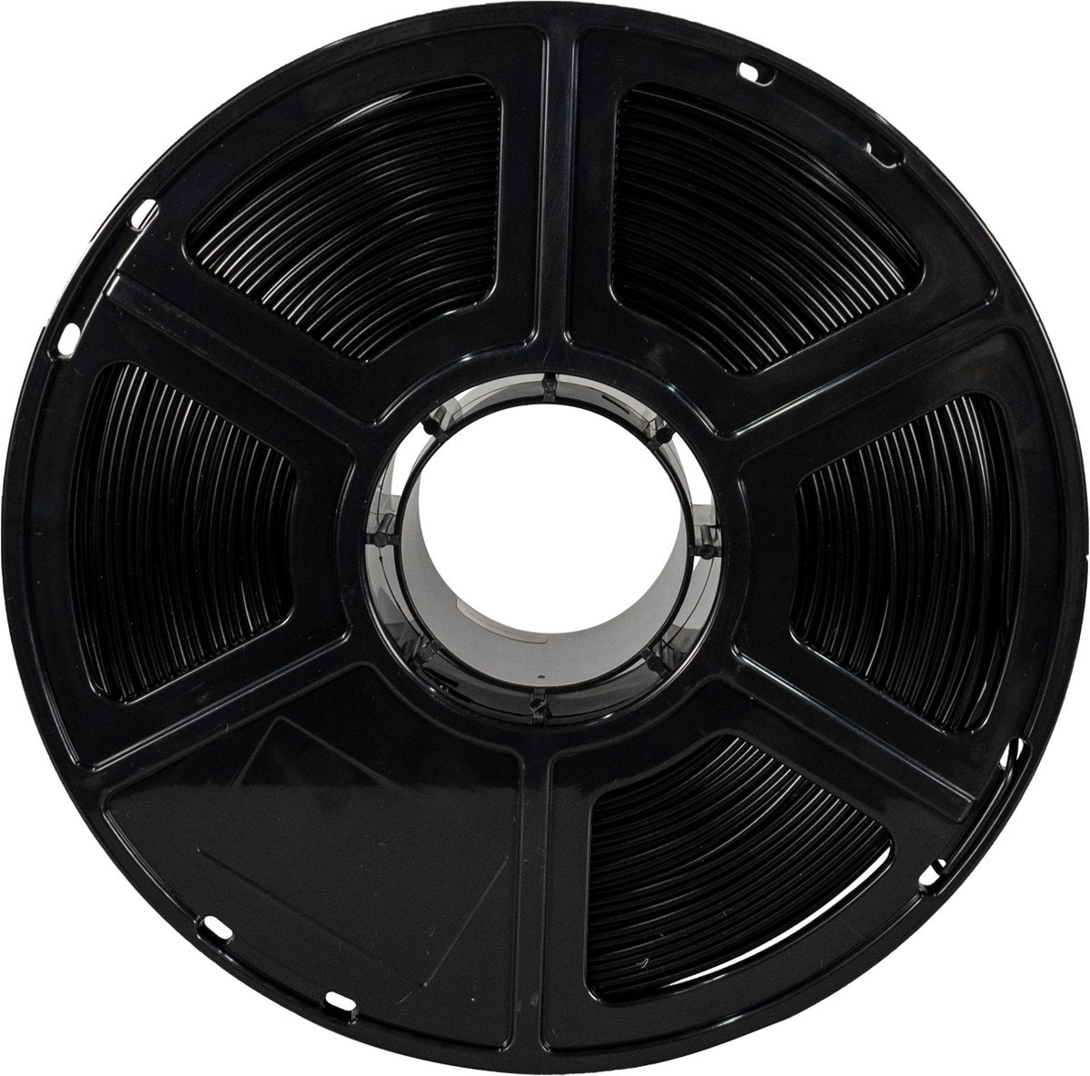 Zwart FlashForge PLA-filament op spoel, van voren met spoelnaaf