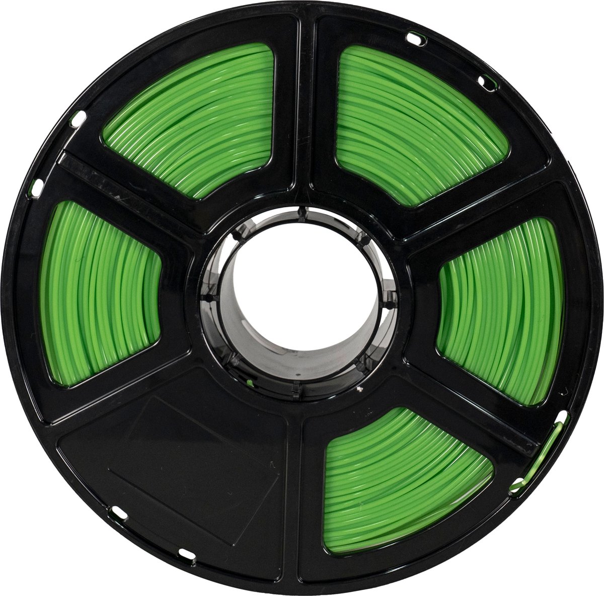 Groen FlashForge PLA-filament op spoel, van voren met spoelnaaf