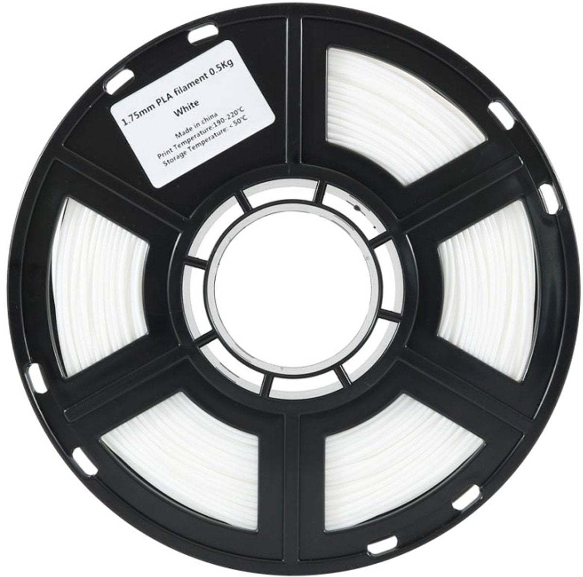 Spoel met wit PLA-filament van 500 gram, met productlabel en printtemperatuur