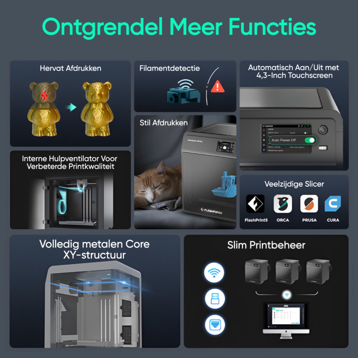 Functieoverzicht Adventurer 5M Pro: printherstel, filamentdetectie, stil printen en compatibele slicers