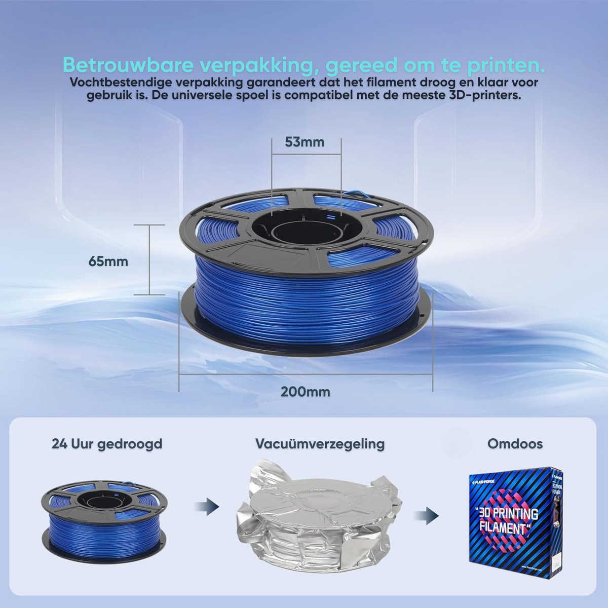 Afmetingen van een FlashForge filamentspoel (200 x 65 mm) en de vacuümverpakking, getoond met blauw filament