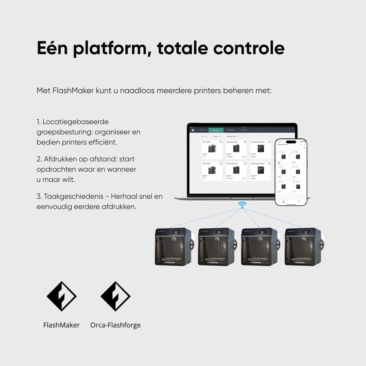 Infographic FlashMaker-app voor het beheren van meerdere FlashForge-printers op afstand