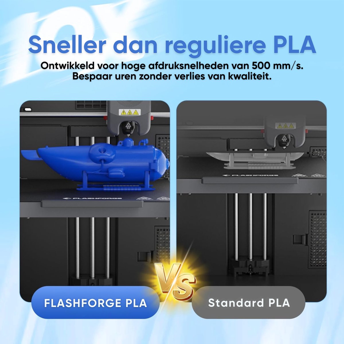 Vergelijking van een blauwe print op hoge snelheid met FlashForge PLA en met standaard PLA