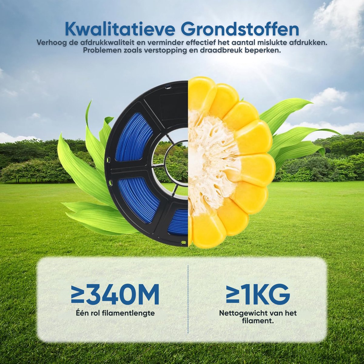 Filamentspoel naast een maïskolf als grondstof voor PLA, met 340 m filament en 1 kg nettogewicht