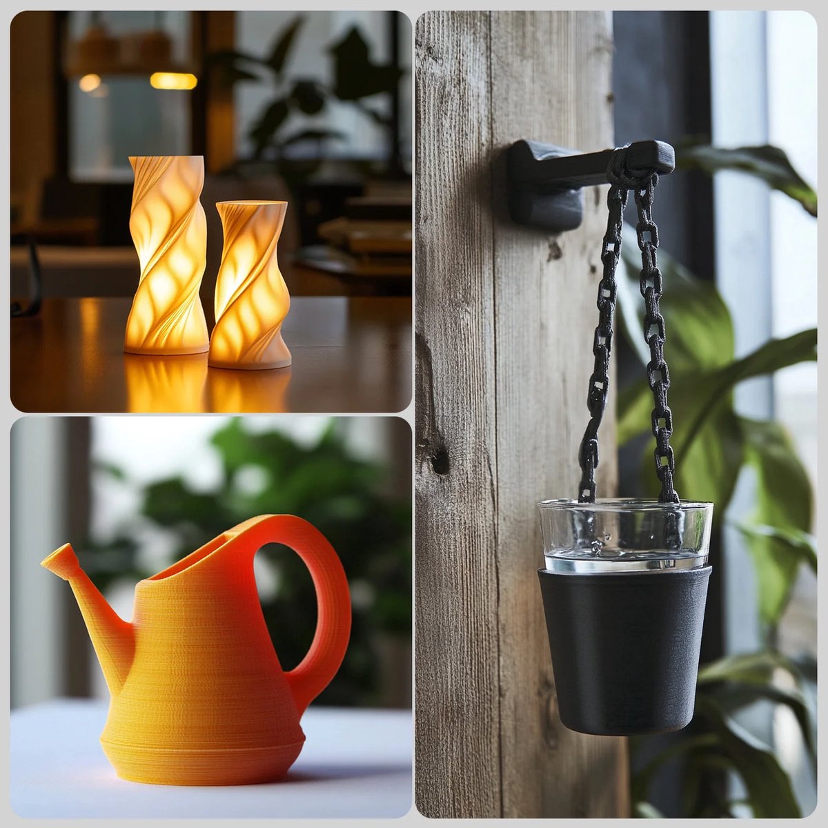 Voorbeelden van PETG-prints: gedraaide lampen, een oranje gieter en een zwarte hangende plantenhouder