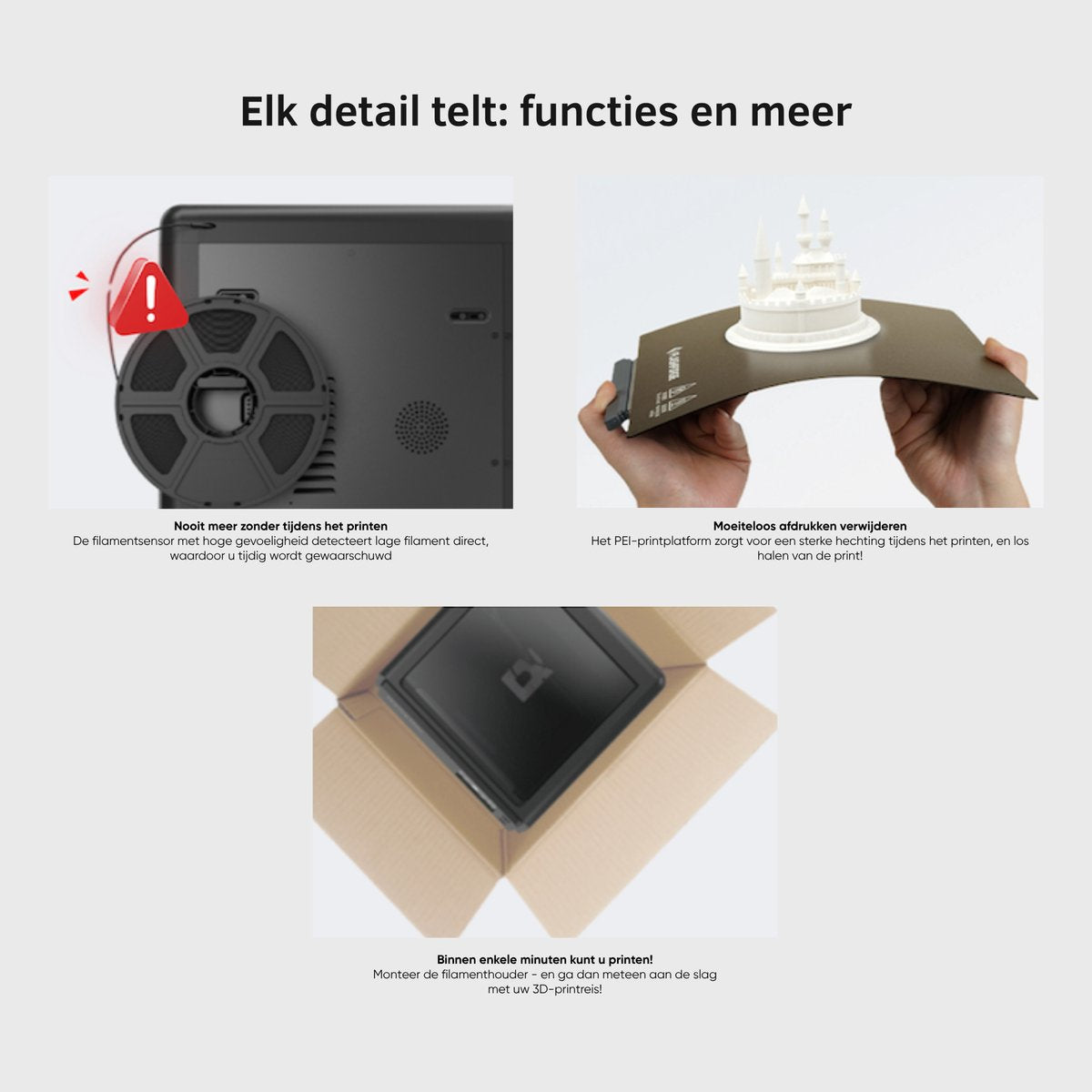 Infographic Adventurer 5M Pro: filamentsensor, flexibele PEI-printplaat en snelle installatie