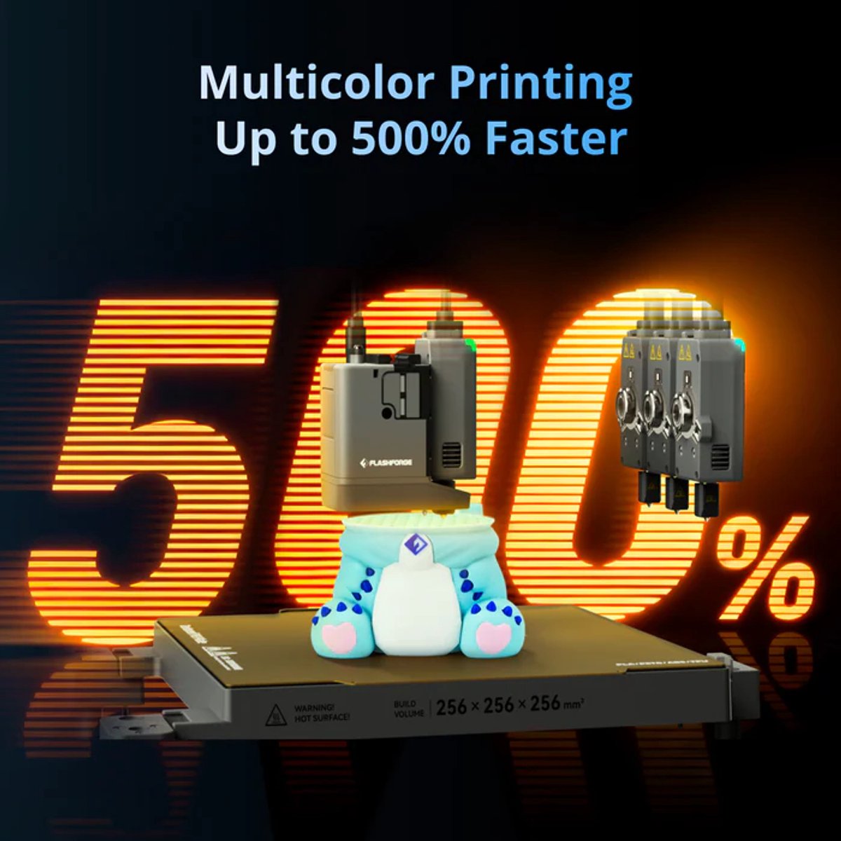 Creator 5-toolheads boven een multicolor print, met tekst over snellere multicolor prints