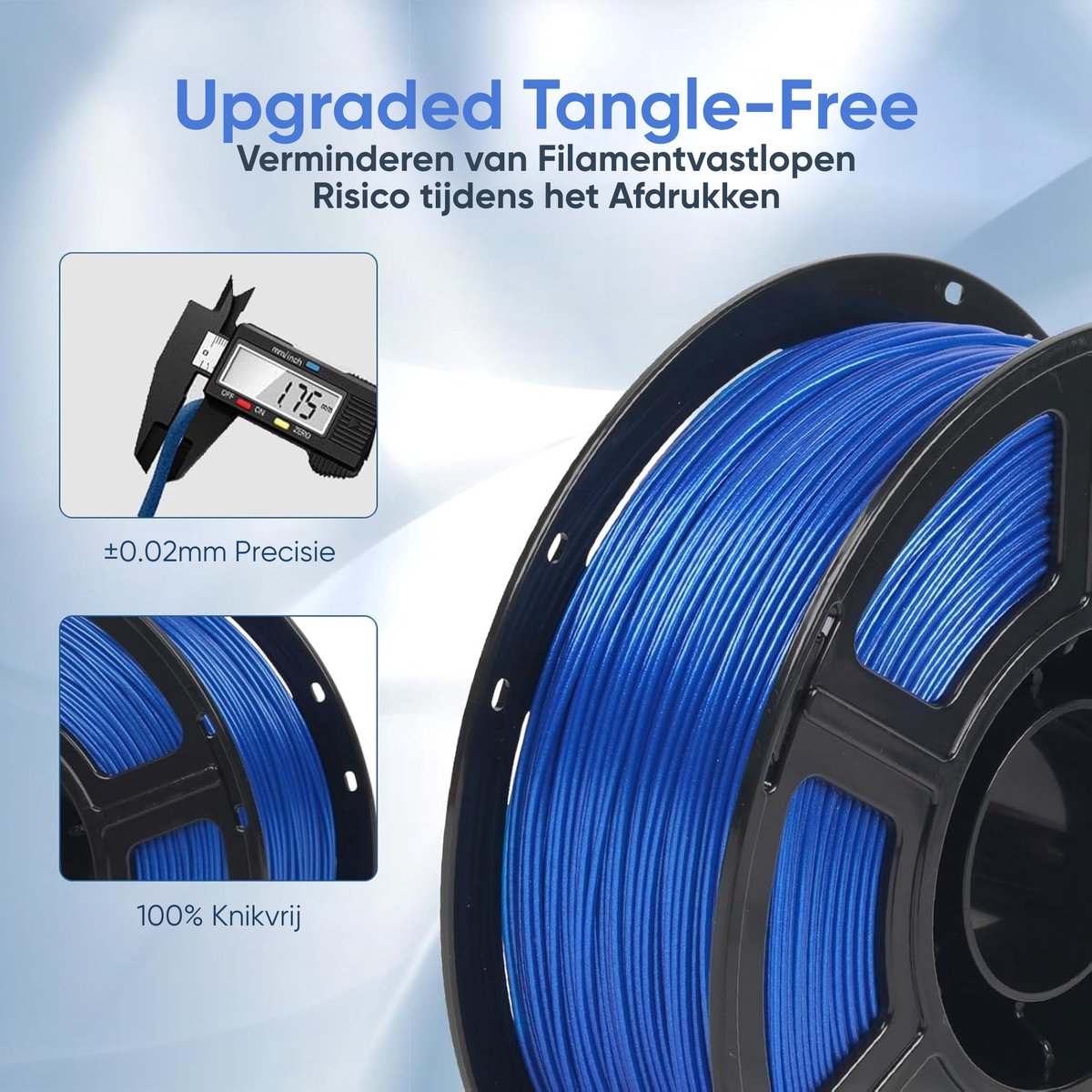 Schuifmaat meet 1,75 mm filament met ±0,02 mm tolerantie, naast knikvrij gewikkeld blauw filament