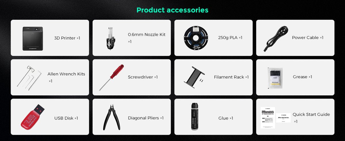 Meegeleverde accessoires van de Adventurer 5M Pro, waaronder nozzle, PLA-filament en gereedschap