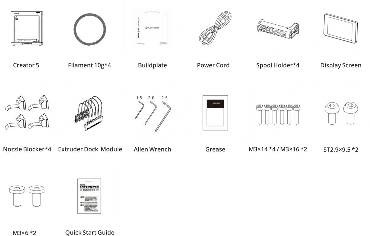 Inhoud van de doos van de FlashForge Creator 5: printer, printplaat, spoelhouders en gereedschap
