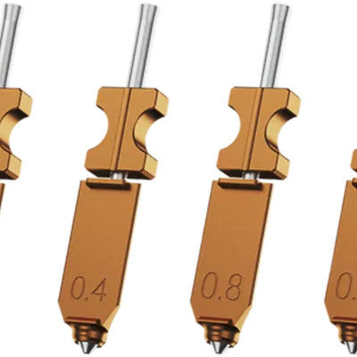 Set van vier FlashForge nozzles voor de Adventurer 5X met maatmarkering: 0,25, 0,4, 0,6 en 0,8 mm