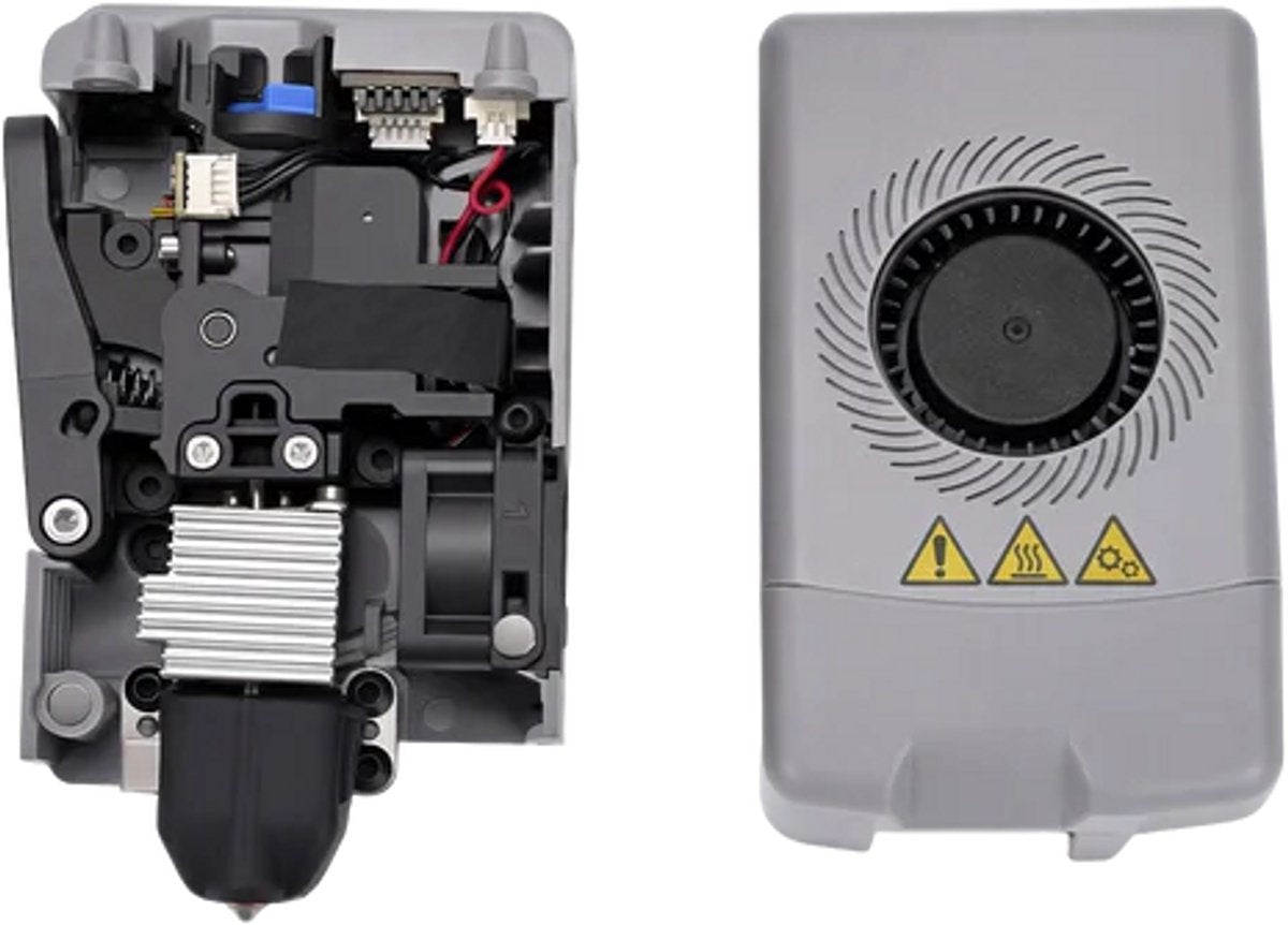 Binnenwerk en behuizing van de Adventurer 5X extruder met hotend en ventilatorkap