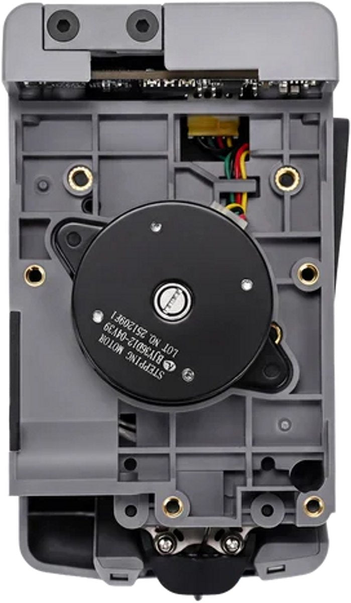 Achterkant van de Adventurer 5X extruder met stappenmotor en montagegaten