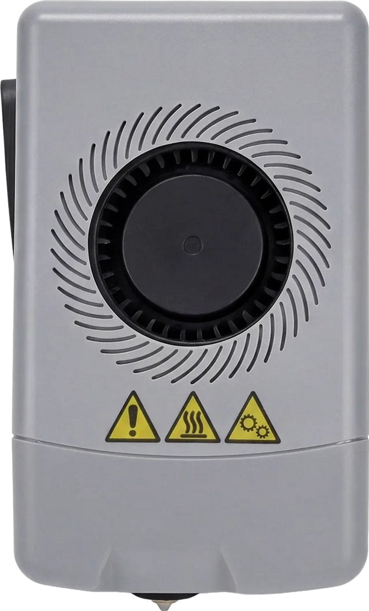 FlashForge extruder voor de Adventurer 5X, vooraanzicht van de grijze behuizing met ventilator