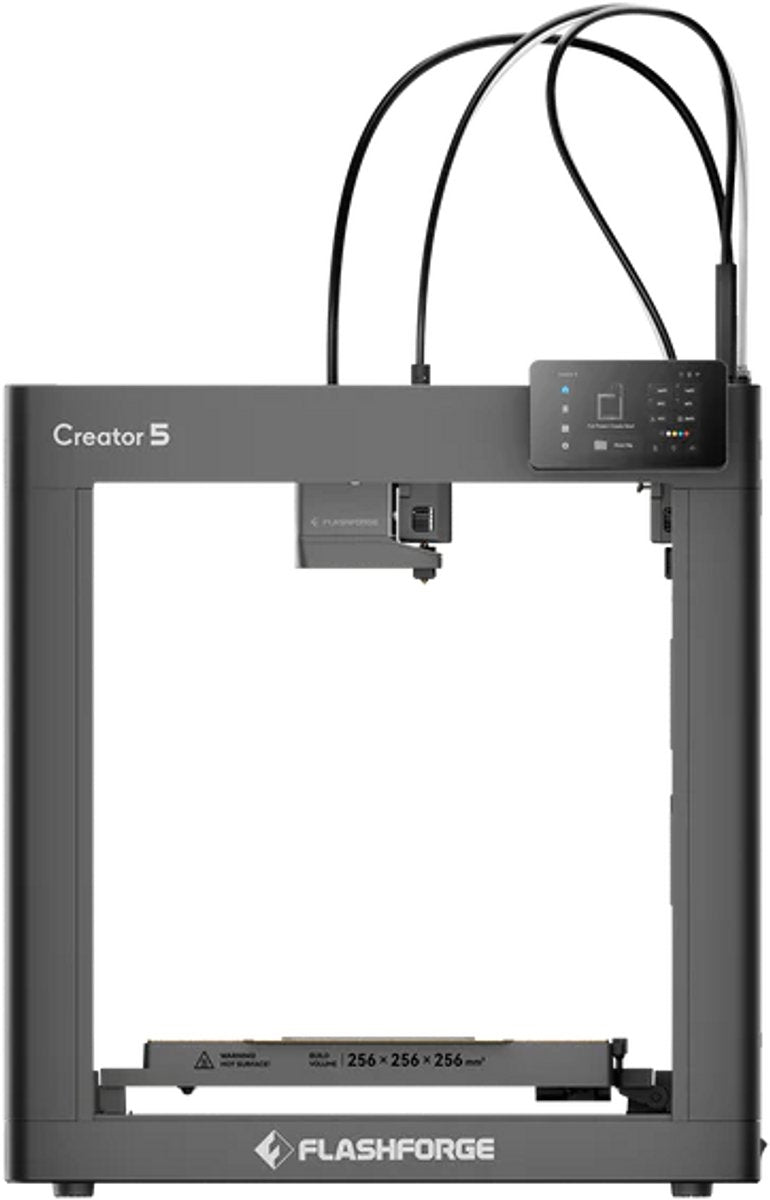 Recht vooraanzicht van de FlashForge Creator 5 met leeg printbed van 256 x 256 x 256 mm