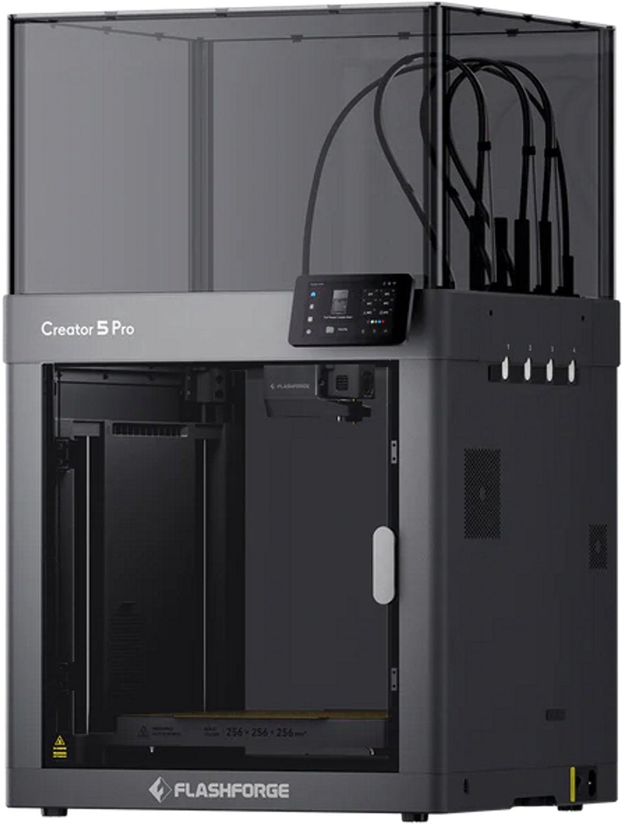 FlashForge Creator 5 Pro zonder spoelen, met gesloten behuizing en toolhead-aansluitingen