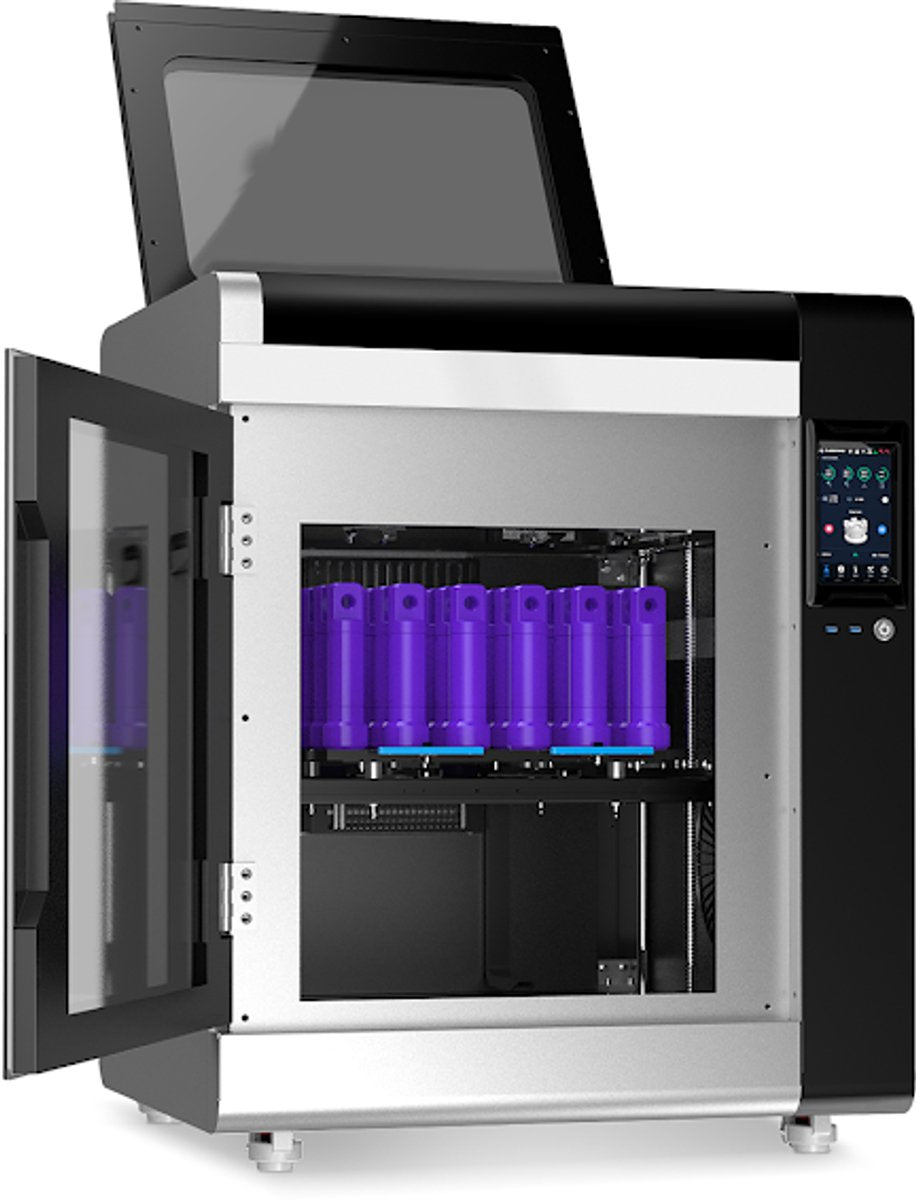 FlashForge Creator 4A met geopende deur en klep en paarse prints in de bouwkamer