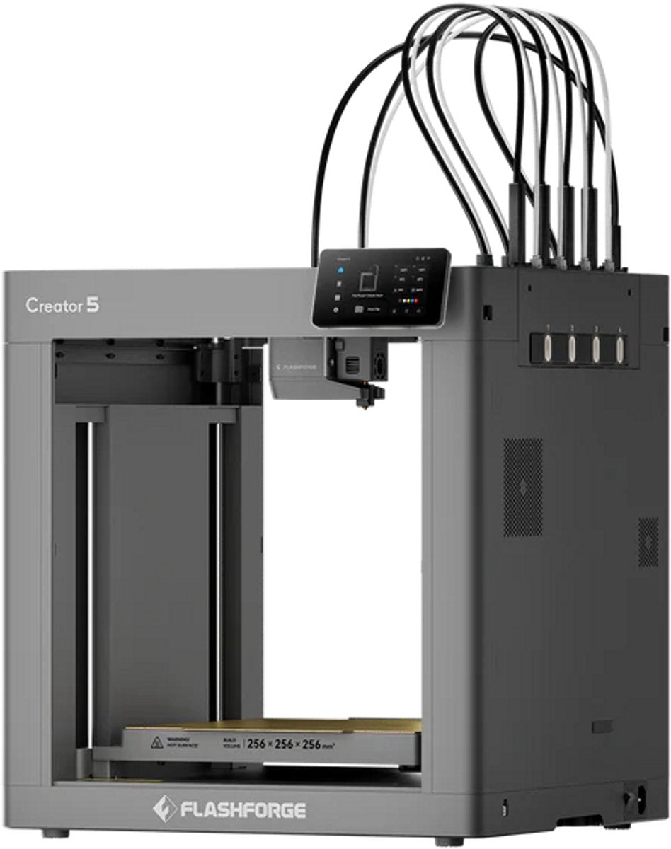 FlashForge Creator 5 zonder spoelen, met de aansluitingen voor vier toolheads aan de zijkant